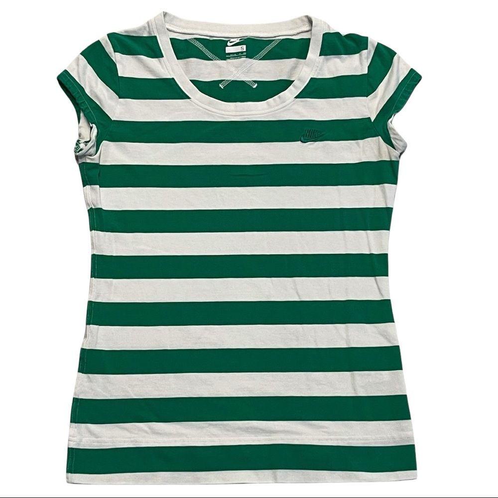 NIKE Green and White Striped Short Sleeve Scoop Neck Form Fitting T-Shirt Size S